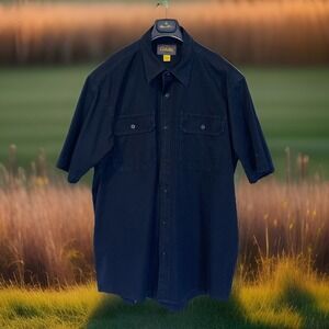 Cabelas Durable Heavy Duty Tough Work Shirt Men XL Navy Blue Short Sleeve Pocket